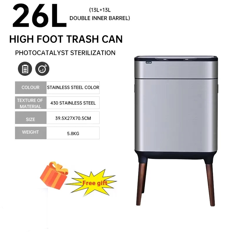 30L Smart Sensor Trash Can Bathroom Kitchen Tall Trash Can Light Luxury Stainless Steel Large Capacity Waterproof Free Gift