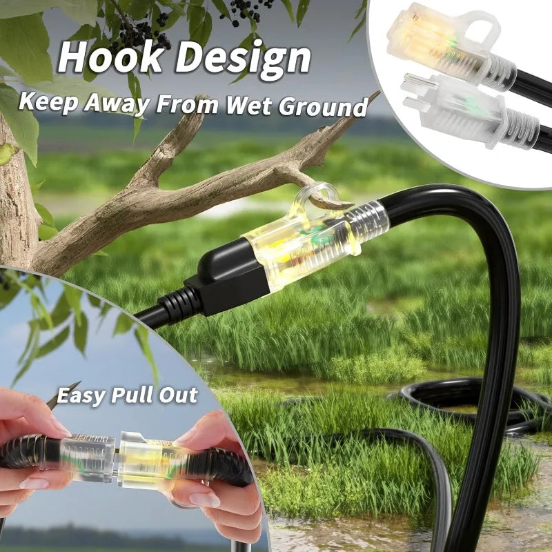 14/3 Gauge Black Outdoor Extension Cord 100 ft Waterproof with Lighted Indicator, Cold Weatherproof -40°C