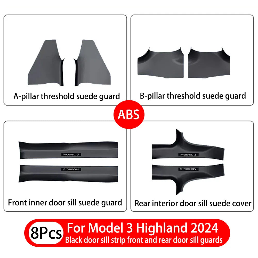 1- 8 Pcs For Tesla Model 3 Highland 2024 ABS Front Rear Door Sill Protector Threshold Strip Anti-kick Guard Panel Waterproof Pad