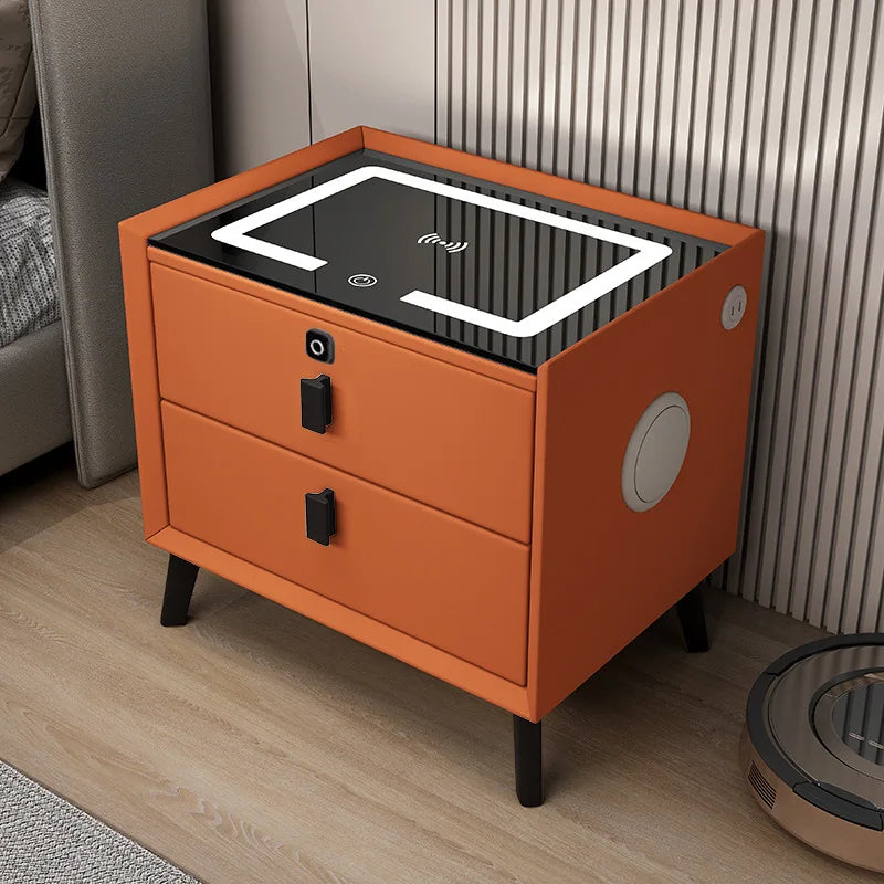 Nordic Style Smart Bedside Table with 2 Drawers 50cm Leather Nightstan