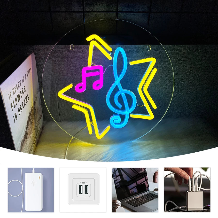 Note Neon Sign, Music Art Wall Led Sign Night Light, Usb Power Supply, Five-Pointed Star Sign, Bar, Music Room Decoration.