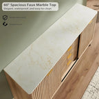 60" Fluted Dresser with Sliding Doors and 4 Drawers, Modern Chest w/Faux Marble Top, Curved Profile Design, Dresser