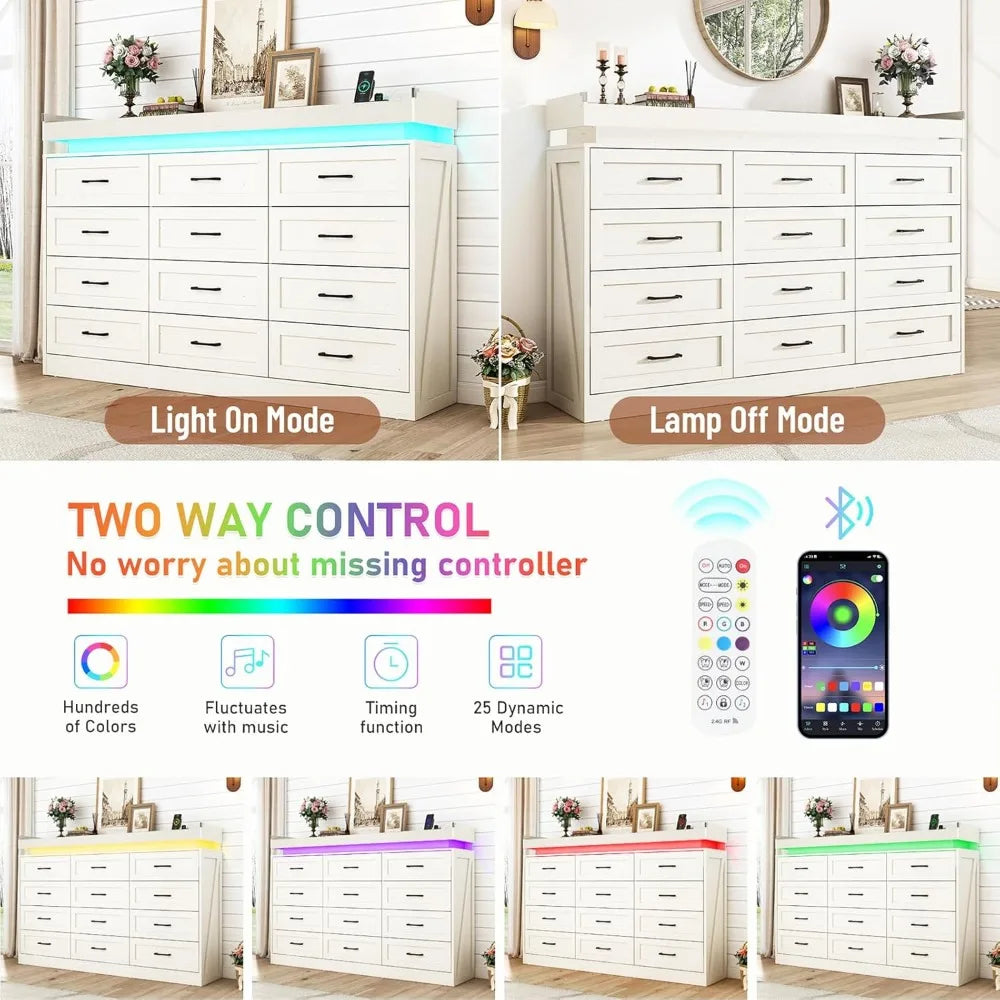 71" Wide 46" Tall Large Farmhouse 12 Drawers Dresser for Bedroom with LED Light and Power Outlets,Wood Rustic 12 Chests of Drawe