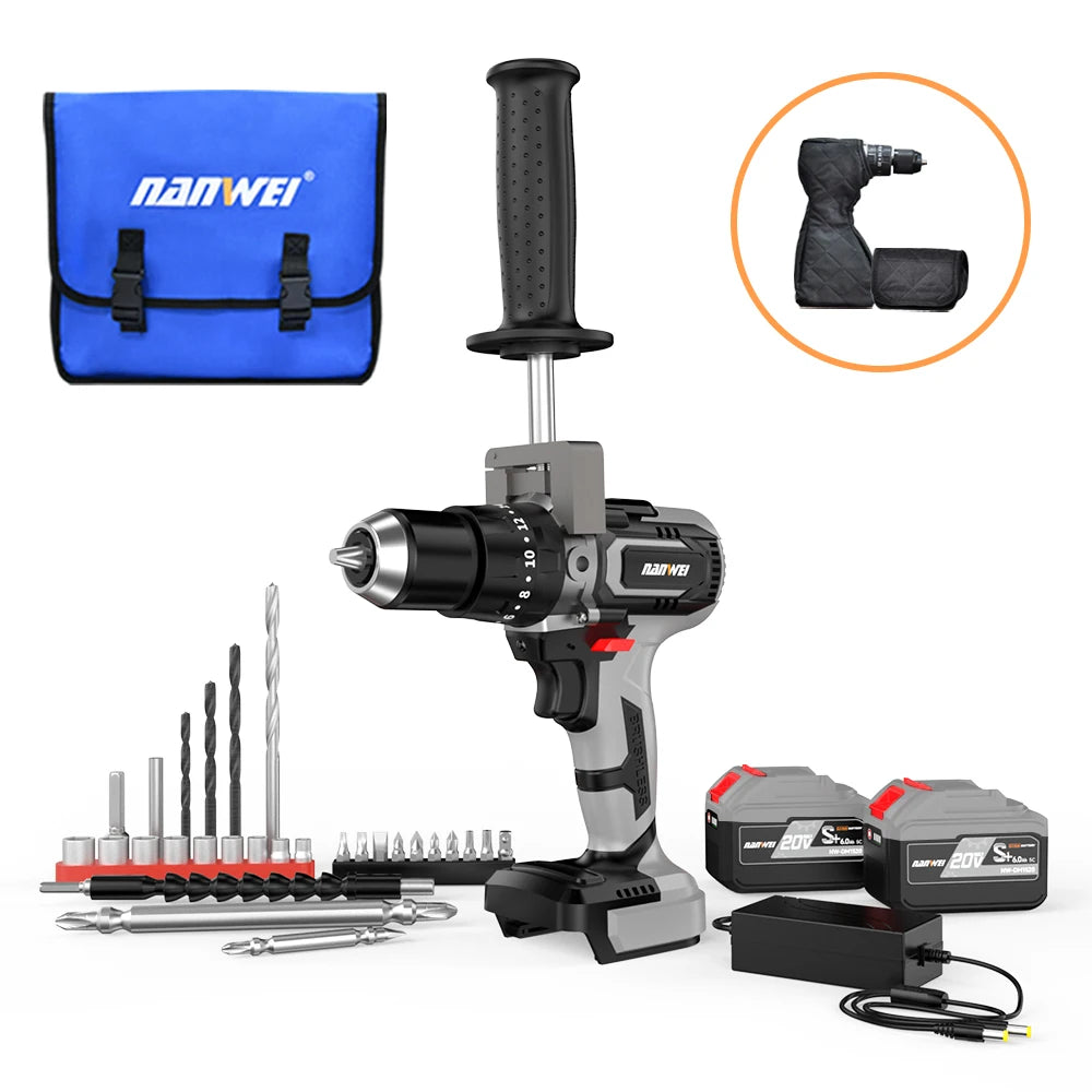Brushless Cordless Impact Drill NANWEI Cordless 21v 13mm Ice Drill Power Tool 150NM High Torque