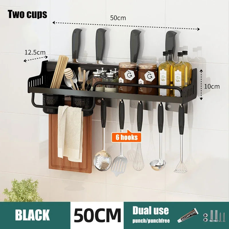 Kitchen Storage Shelf Wall-mounted Spice Rack Aluminum Punch-free Spoon Knife Storage Shelves Multifunction Kitchen Organizer