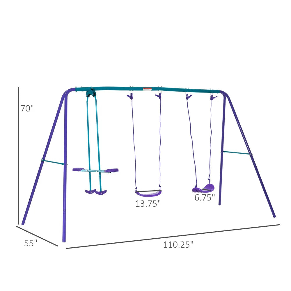Metal Swing Set with Glider, Two Swing Seats and Adjustable Height, Outdoor Heavy Duty A-Frame Suitable for Playground, Backyard