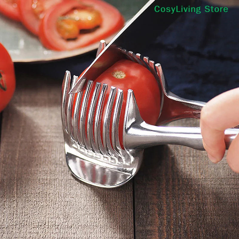 [CL]Kitchen Gadgets Handy Stainless Steel Onion Holder Potato Tomato Slicer Vegetable Fruit Cutter Safety Cooking Tools[CL]