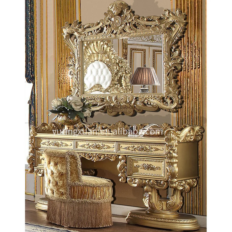 European Antique Solid Wood Makeup Vanities Bedroom Dresser Chair with Elegant Old World Design and Mirror for Apartment Use