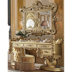 European Antique Solid Wood Makeup Vanities Bedroom Dresser Chair with Elegant Old World Design and Mirror for Apartment Use