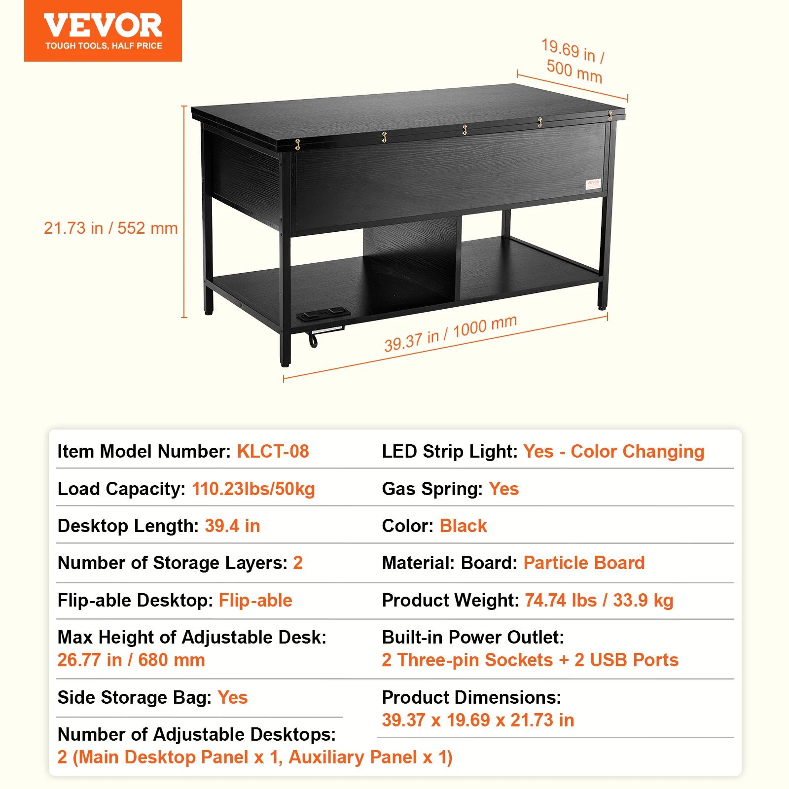 VEVOR Lift Top Coffee Table Round/Rectangle Coffee Table with Extra Storage Pockets Pop Up/Flipable Coffee Table for Living Room
