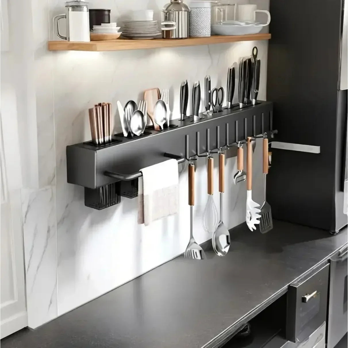 Kitchen Cookware Storage Rack Stainless Steel Multi-functional Non-punching Rack Chopstick Cylinder Wall-mounted Knife Holder