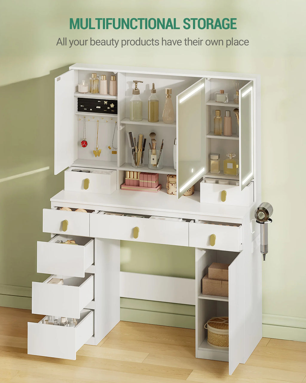 Hzuaneri Dressing Table with Mirror, LED Lighting, Power Strip and Hair Dryer Holder, 3 Colours, Brightness Control, 8 Drawers