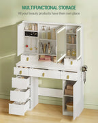 Hzuaneri Dressing Table with Mirror, LED Lighting, Power Strip and Hair Dryer Holder, 3 Colours, Brightness Control, 8 Drawers