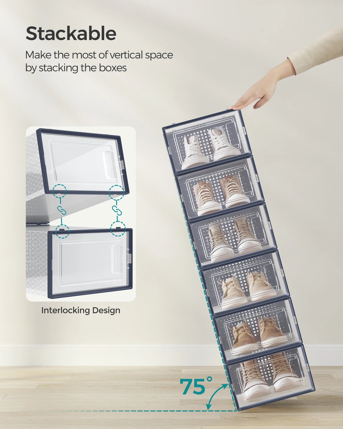 SONGMICS Shoe Boxes,Pack of 12 Shoe Storage Organizers,Stackable Clear Plastic Boxes for Closet,Sneakers,9.1 x 13.1 x 5.6 Inches