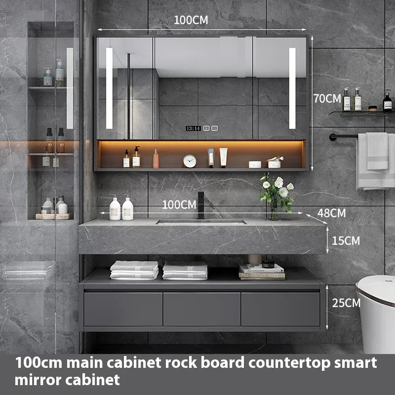 Light Luxury Panel Intelligent Bathroom Cabinet Meuble Rock Salle De Bain Wood Washbasin Double Basin Bathroom Cabinet Home