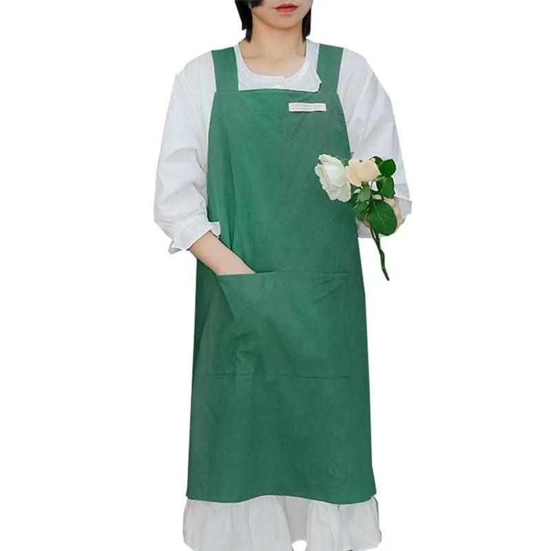 Stain-resistant Cotton Linen Cross-back Kitchen Apron With Pocket Plain Women's Pinafore For Cooking Cleaning Gardening Baking