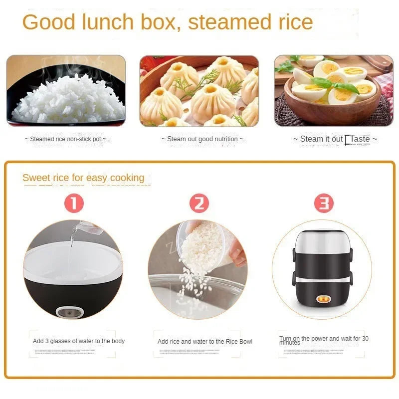 Mini Electric Rice Cooker Stainless Steel 2/3 Layers Food Container Steamer Portable Meal Heating Lunch Box Heater Warmer Bento