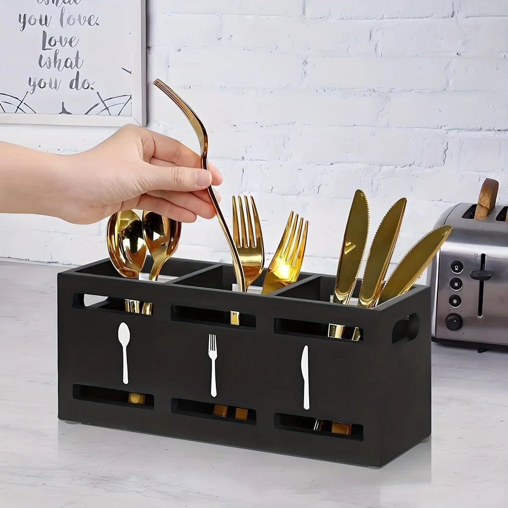 Wooden Silverware Utensil Holder with 3 Compartments, Kitchen Countertop Cutlery Organizer, Each Kitchen Chopstick and Spoon Org