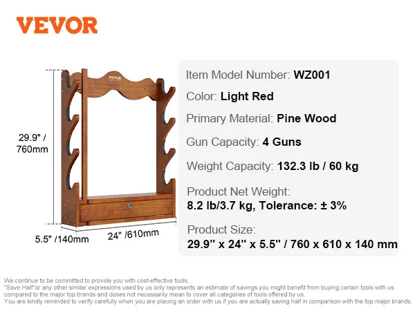 VEVOE Gun Rack Wood Gun Rack Wall Mount Gun Display Rack holds 4/5 Rifles Shotguns 132 lbs Heavy Duty Rifle Rack w/ Soft Padding