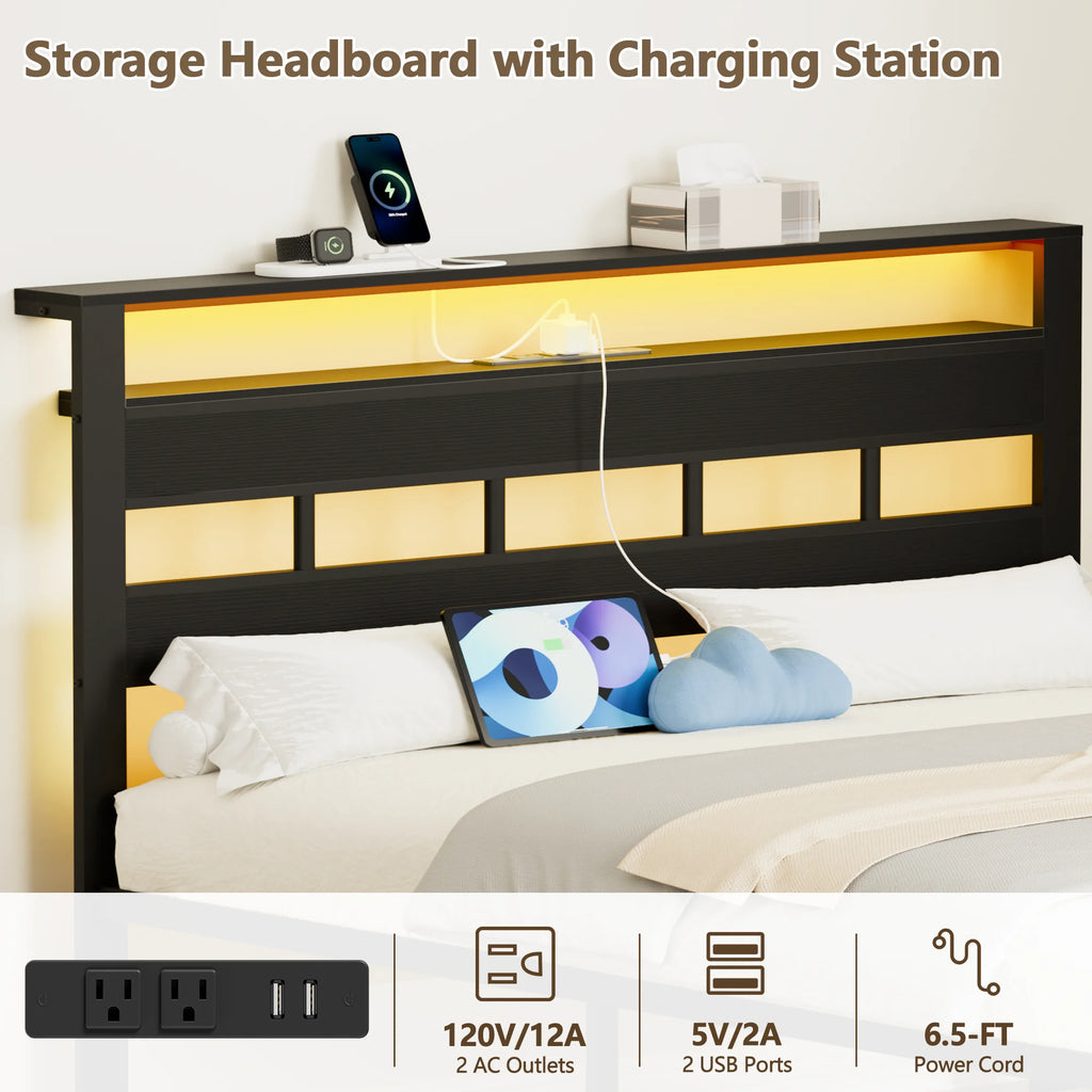 Satifur Full/Queen Size Bed Frame with LED Light and Charging Station, Wood Storage Headboard with 2-Tier Shelves,Metal Platform