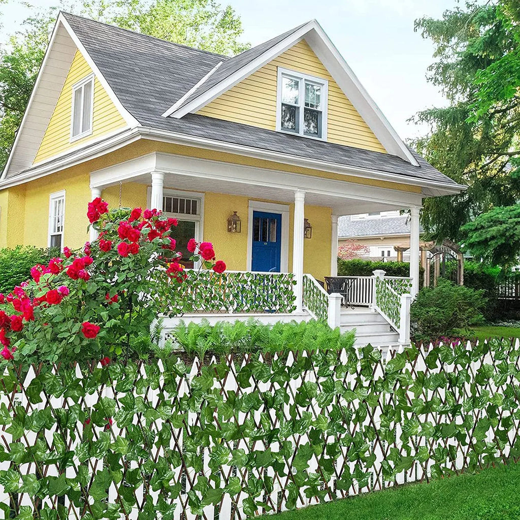 Simulation Fence Telescopic Fence Fake Flowers Green Leaves Artificial Faux Ivy Leaves Wooden Fence for Garden Decor Buildings