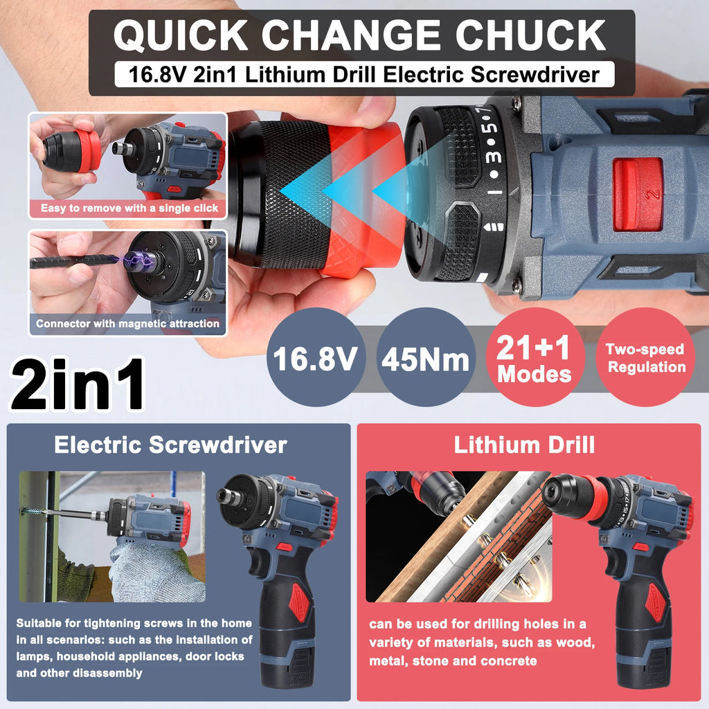 16.8V 2 in 1 Electric Screwdriver Lithium Battery Drill Handheld Power Tool 45Nm Torque Brushless Motor Cordless Screw Driver