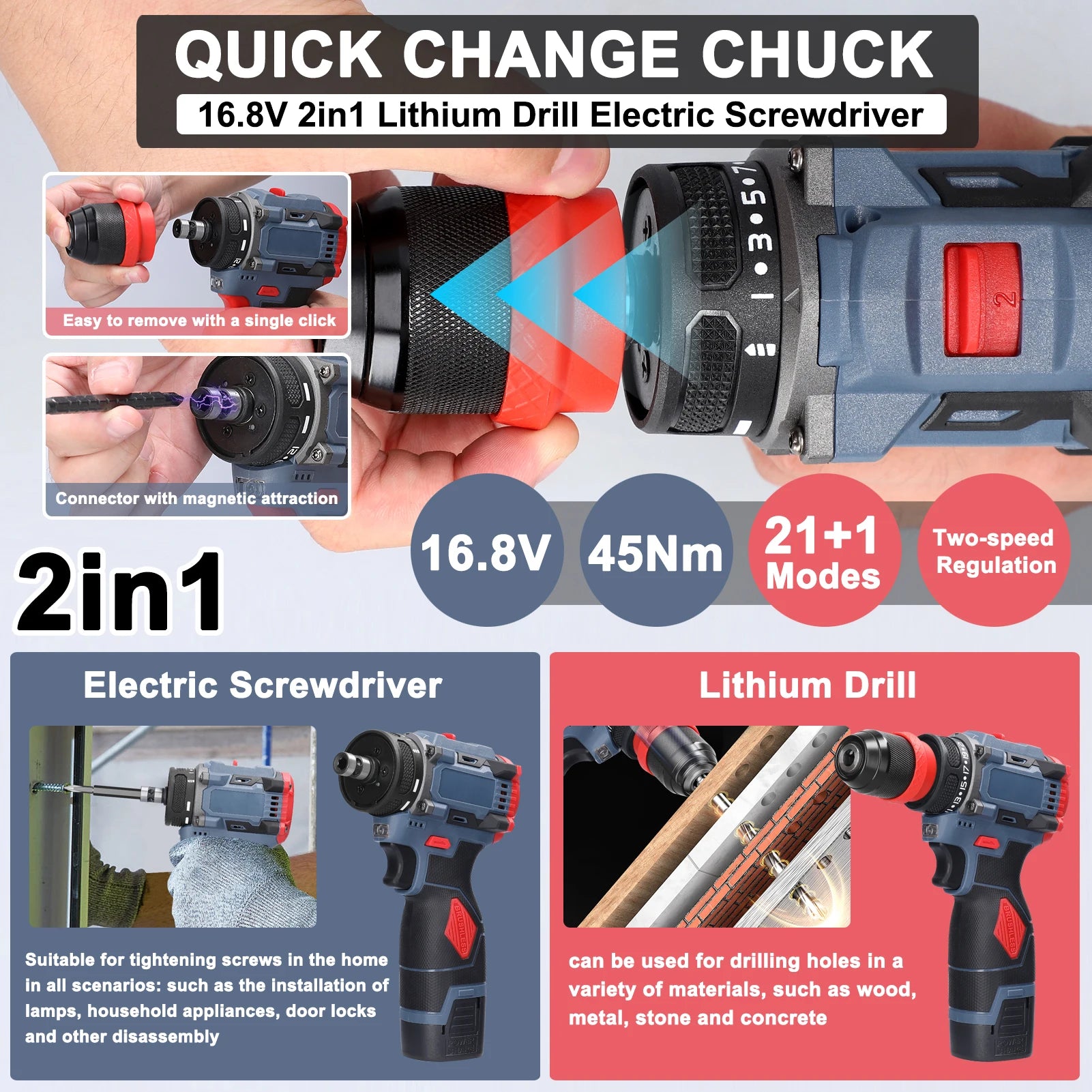 16.8V 2 in 1 Electric Screwdriver Lithium Battery Drill Handheld Power Tool 45Nm Torque Brushless Motor Cordless Screw Driver
