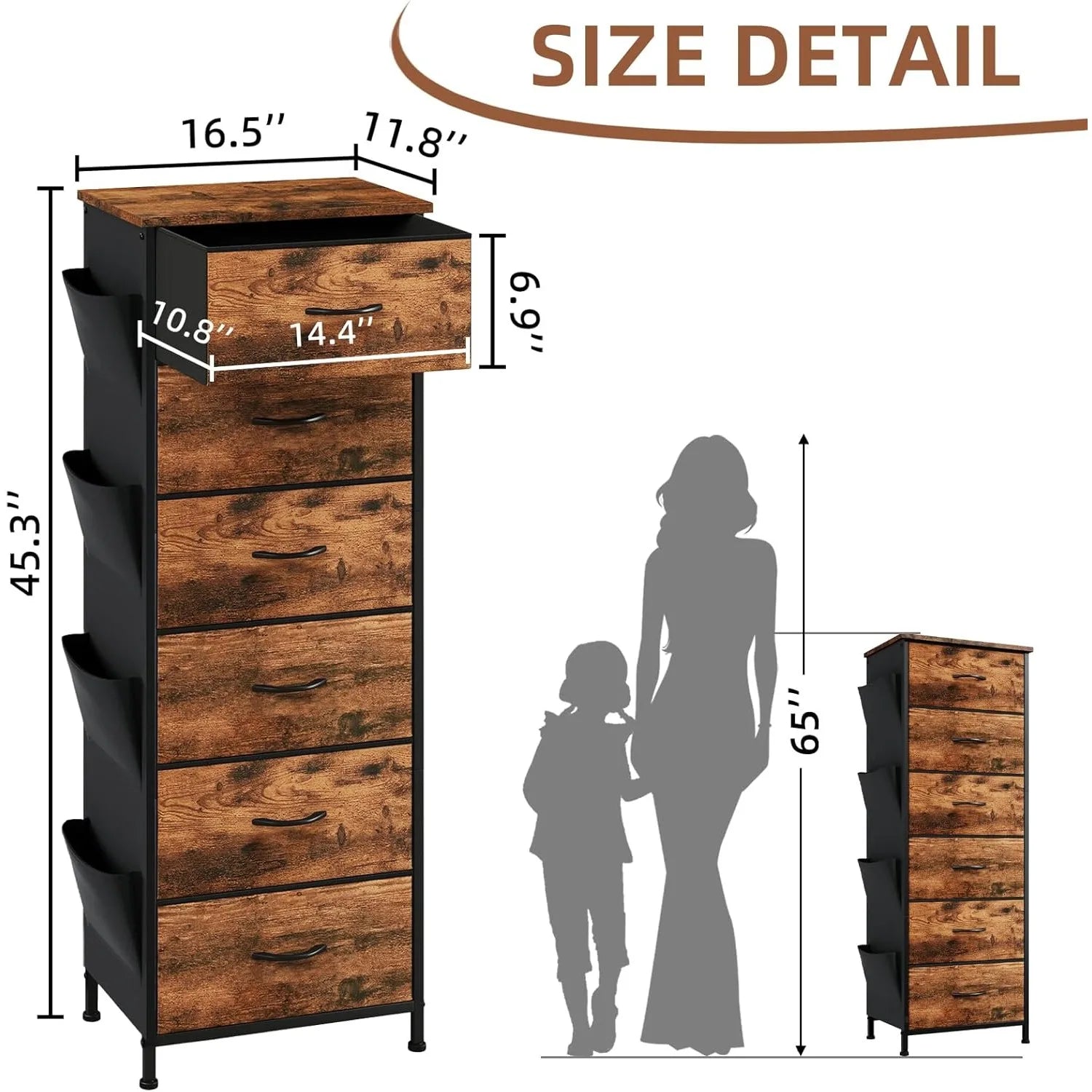 Tall Dresser for Bedroom with 6 Drawers and Side Pockets, Storage Organizer Chest of Drawers with Fabric Bins for Closet