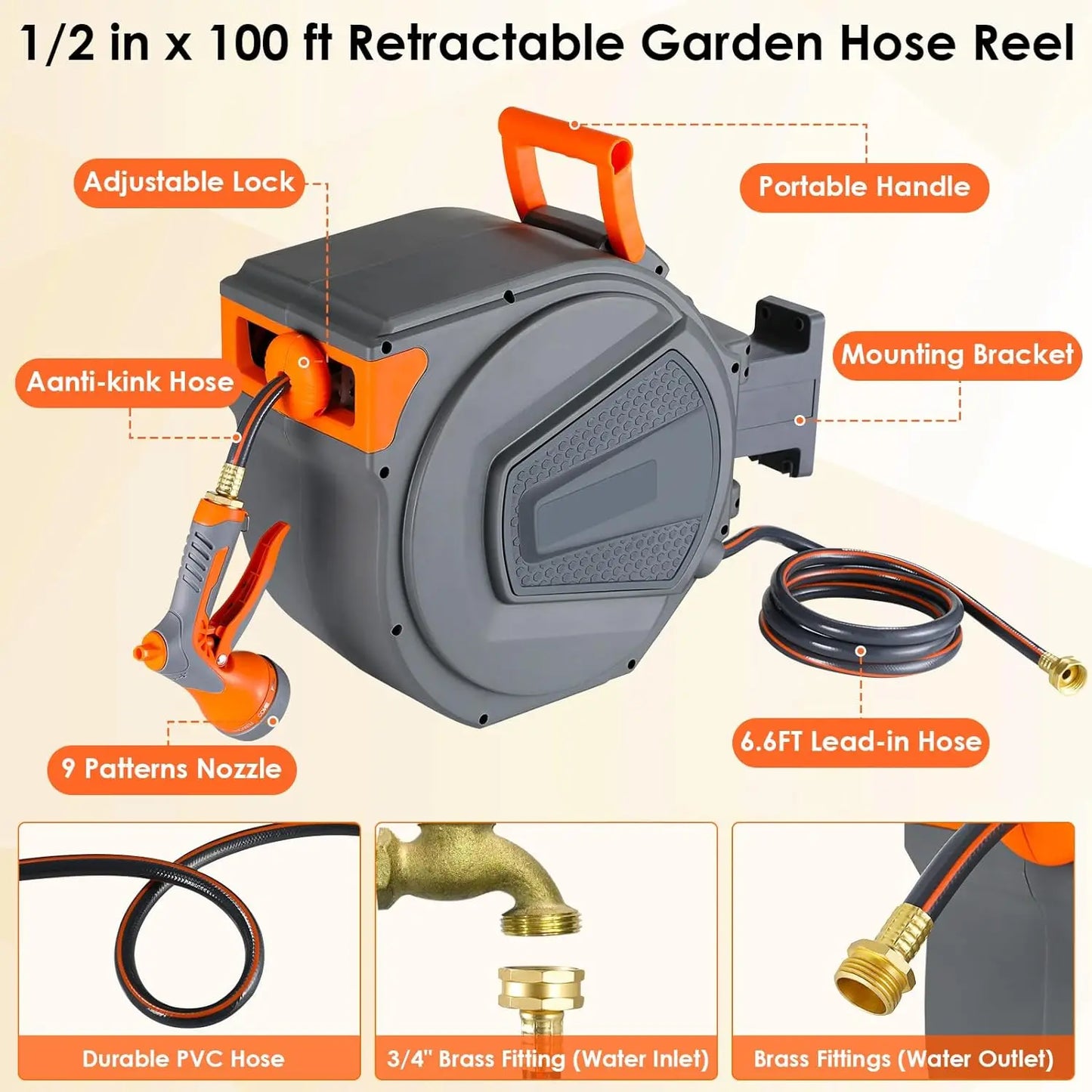 Retractable Garden Hose Reel 20/30M+2M UV Resistant Heavy Duty Automatic Hose Reel Wall Mount 1/2,3/4in Fitting 9 Pattern Nozzle