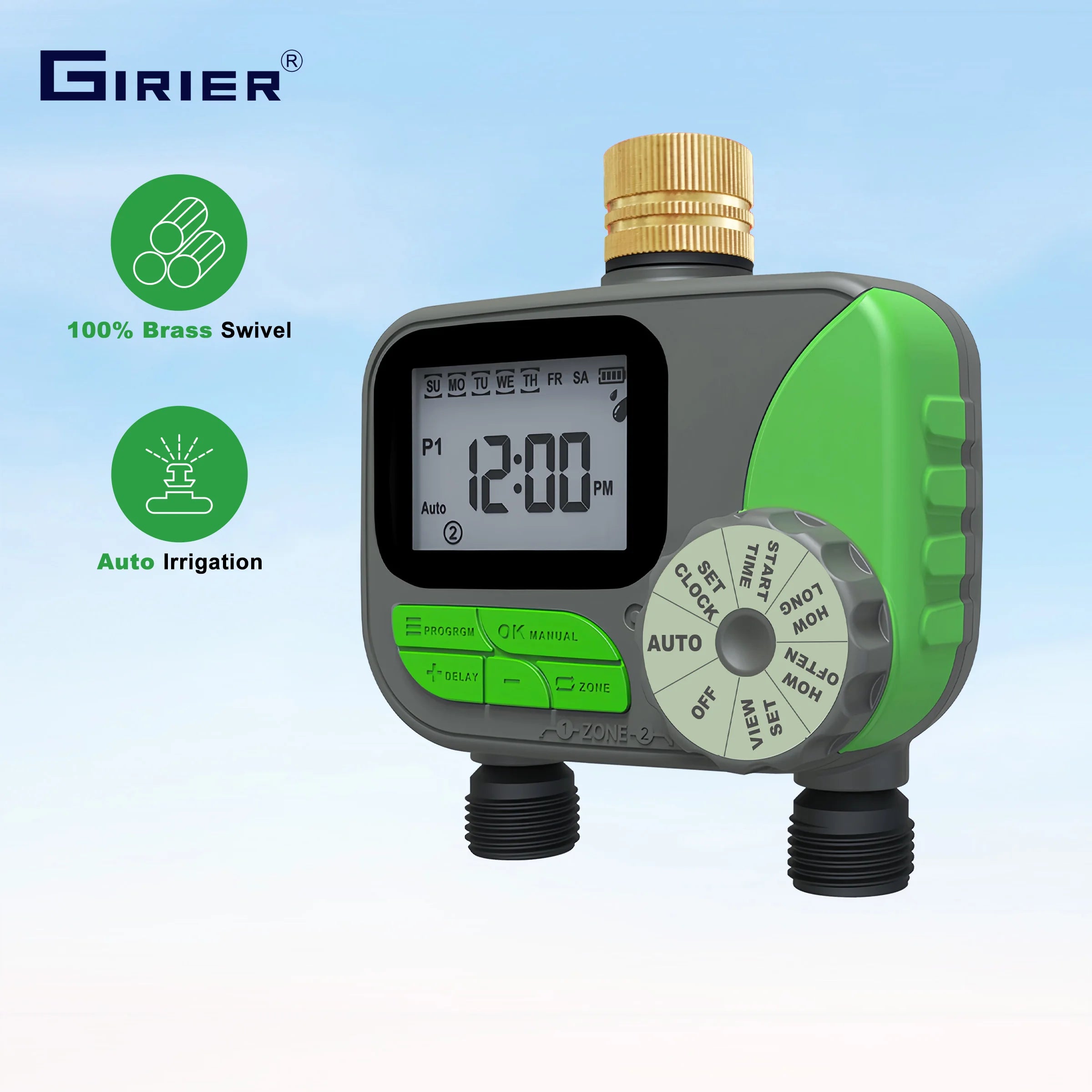 GIRIER Water Timer Programmable Sprinkler Timer with 2 Outlets Brass Inlet Automatic Irrigation Controller for Garden/Yard/Lawn