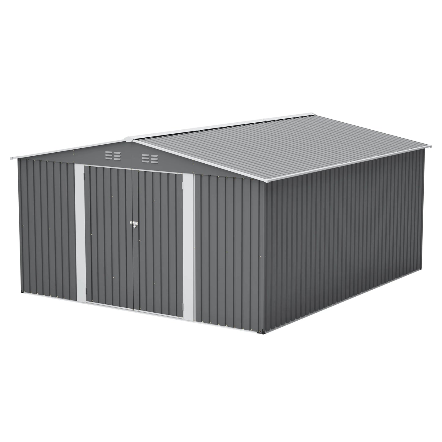 12x14FT Metal Outdoor Storage Shed, Lockable Double Doors, Waterproof Garden Tool House, Light Gray