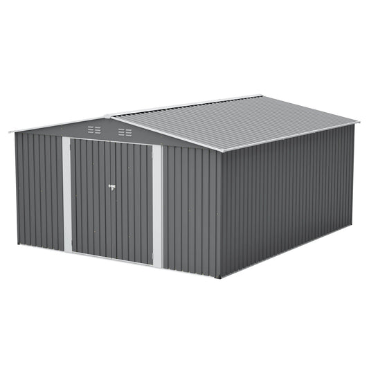 12x14FT Metal Outdoor Storage Shed, Lockable Double Doors, Waterproof Garden Tool House, Light Gray