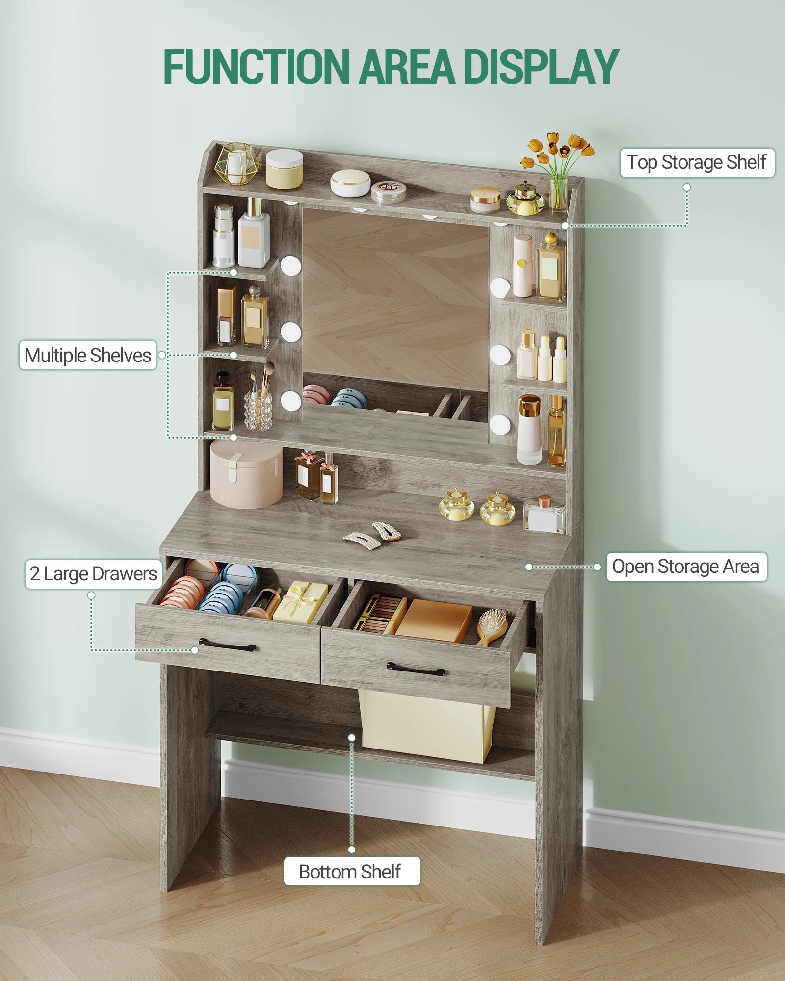 Dressing Table with Mirror, Dressing Table with Shelves and 2 Drawers, for Bedroom, Living Room, Adjustable Brightness, 40 x 80
