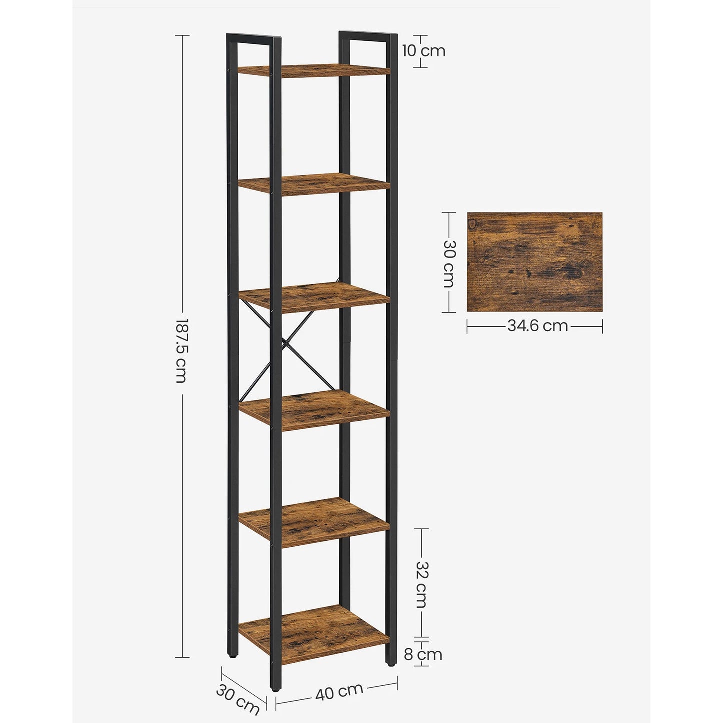 VASAGLE 6-Tier Bookshelf, Bookcase, Shelving Unit, for Office, Study, Living Room, Bedroom, 30 x 40 x 187.5 cm