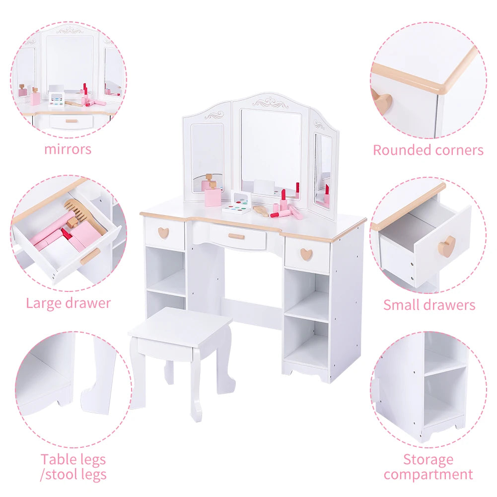 Princess Vanity Set for Kids White Makeup Table with Mirror Stool and Wooden Play Makeup Accessories