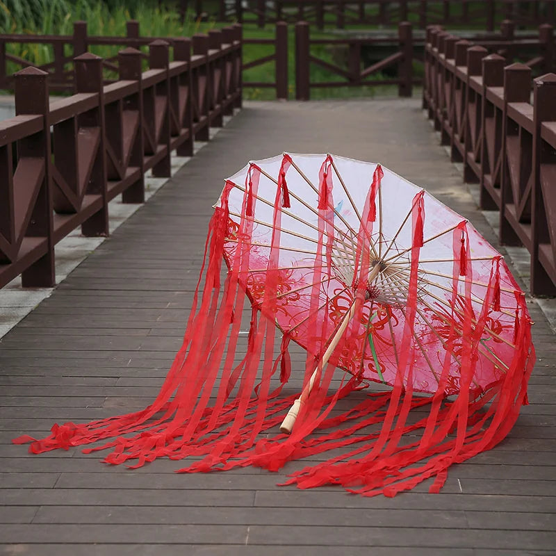 82cm Pink Flowers Silk Decorative Umbrella Han Cos Props Tassel Umbrella Ancient Chinese Classic Oil Paper Parasol