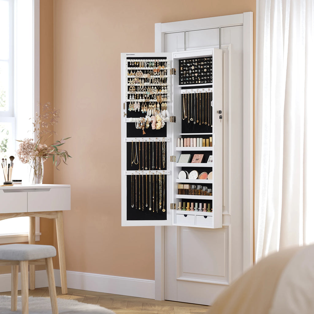 Armoire à Bijoux Mural pour Colliers, Boucles d'Oreilles, avec Miroir, Divers Compartiments, Verrouillable, Blanc