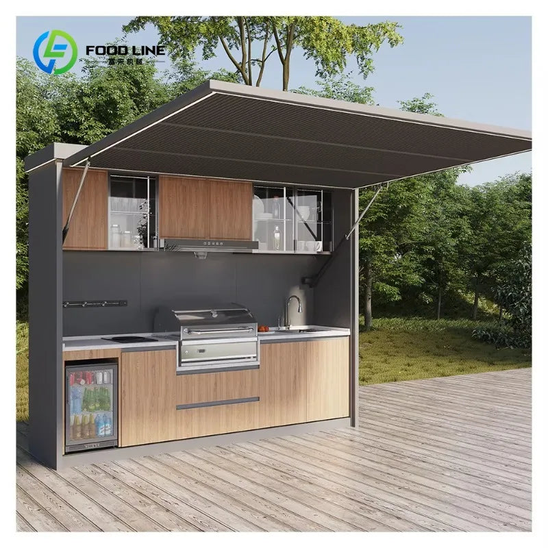 Customized Stainless Steel Frame Outdoor Kitchen Set Modular Party Mobile Play Outdoor Kitchen and bar with Cooker and Fridge