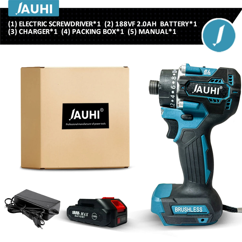 JAUHI 20+1 Torque 280N.m Brushless Electric Screwdriver Rechargeable Cordless Electric Drill Screw Driver for Makita 18v Battery