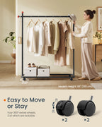 SONGMICS HOME Clothes Rack, Clothing Rack on Wheels, Portable Garment Rack, with 1 Clothes Hanging Rail, Matchstick-Shaped Hooks