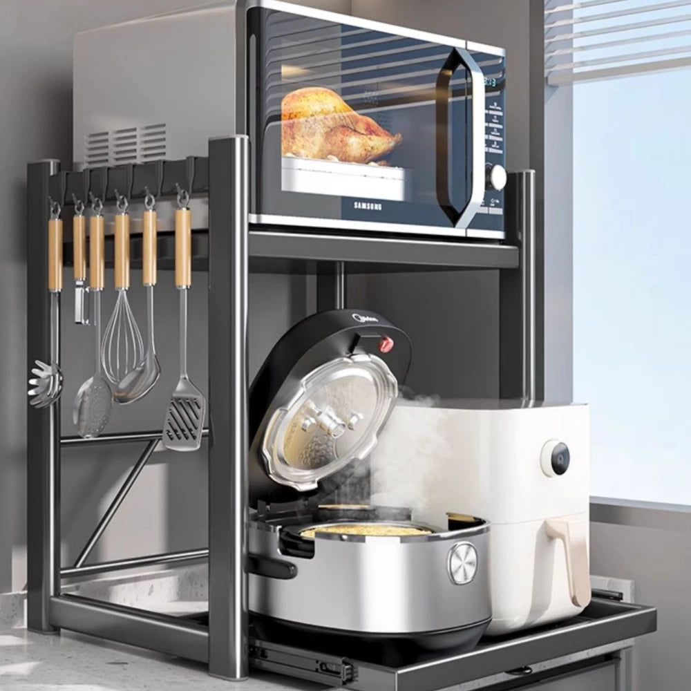 Kitchen Countertop Storage Rack with Sliding Drawer for Microwave Oven Air Fryer Rice Cooker Organization and Storage Use