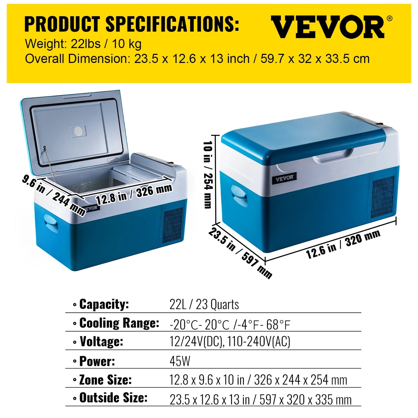 VEVOR Portable Car Refrigerator - Freezer Cooler 12/24V