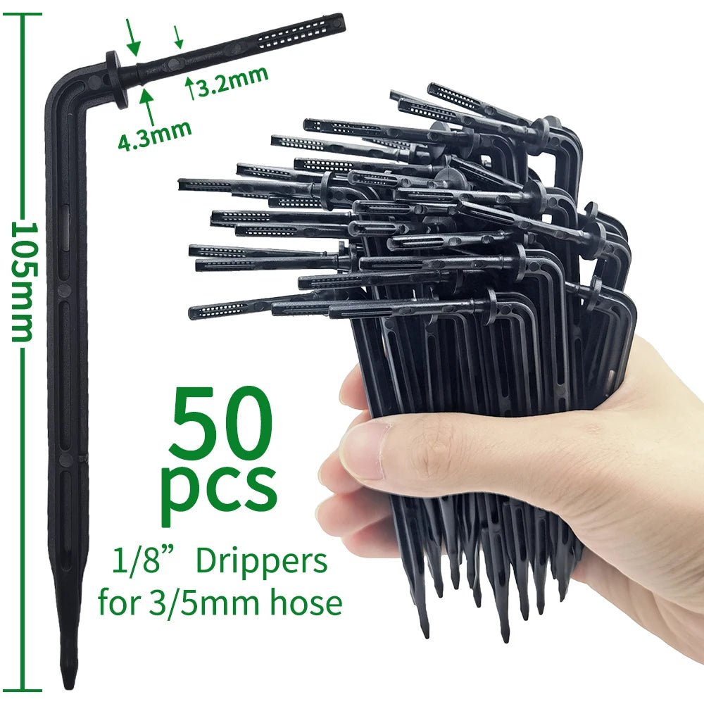 50-1000pcs Greenhouse 3/5m Hose Drip Irrigation Drippers 1/8'' Bending Arrow Emitters Garden Potted Micro Watering System