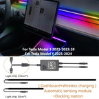 For Tesla Model 3 Y 64Colors RGB Neon LED Center Console Dashboard Wireless Charging Light Ambient Lamp USB Power APP Controller