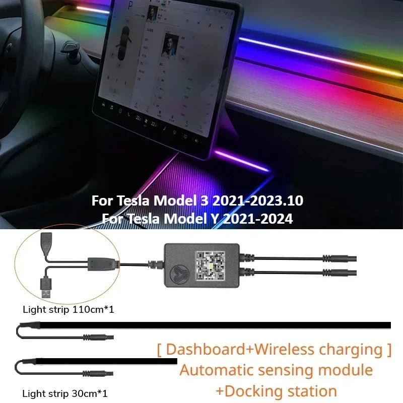 For Tesla Model 3 Y 64Colors RGB Neon LED Center Console Dashboard Wireless Charging Light Ambient Lamp USB Power APP Controller