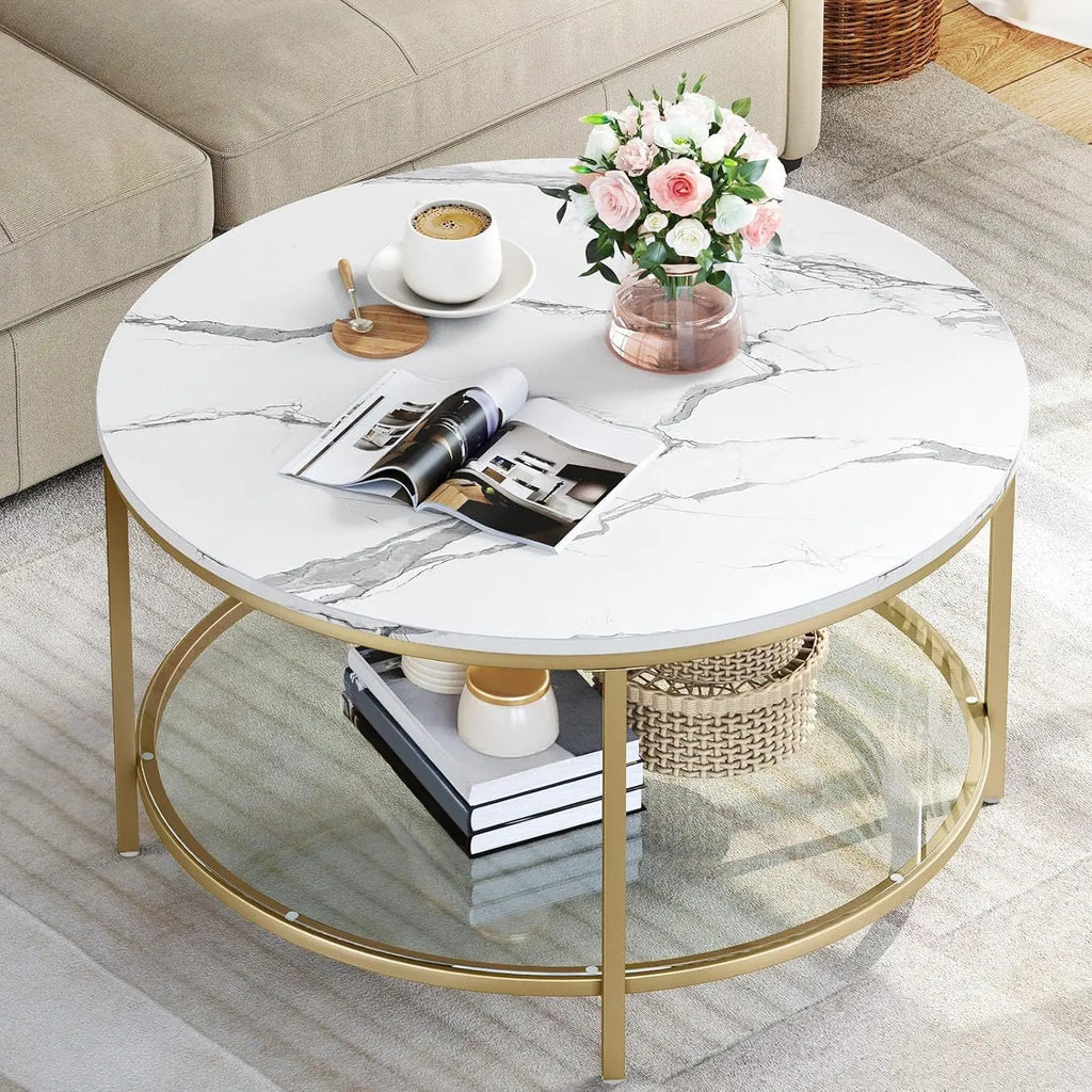 White Marble Round Coffee Table with Glass for Living Room, 2-Tier Circle Coffee Table with Storage Clear Coffee Table