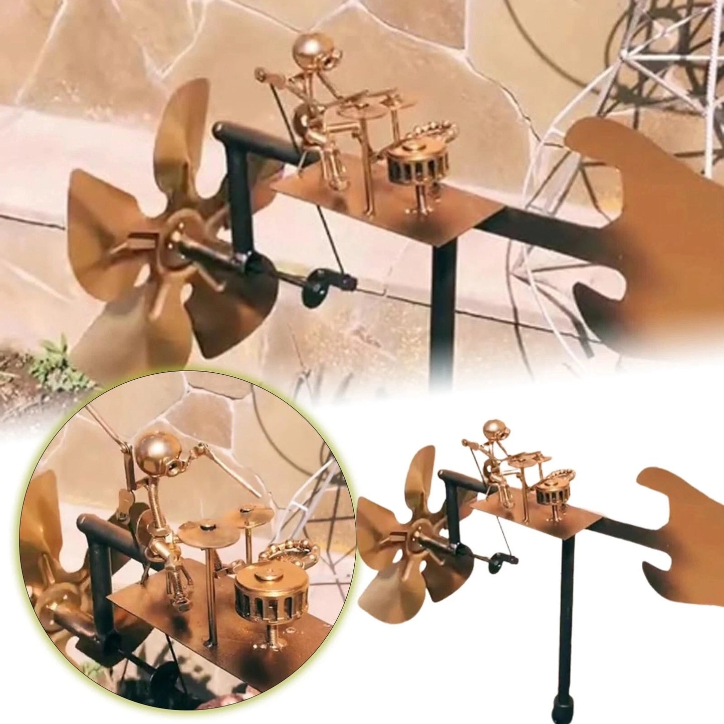 Metal Wind Spinner Handmade Metal Drummer Windmill Statue Rust-proof DIY Decorative Wind Power Rock Art Statue for Yard Garden