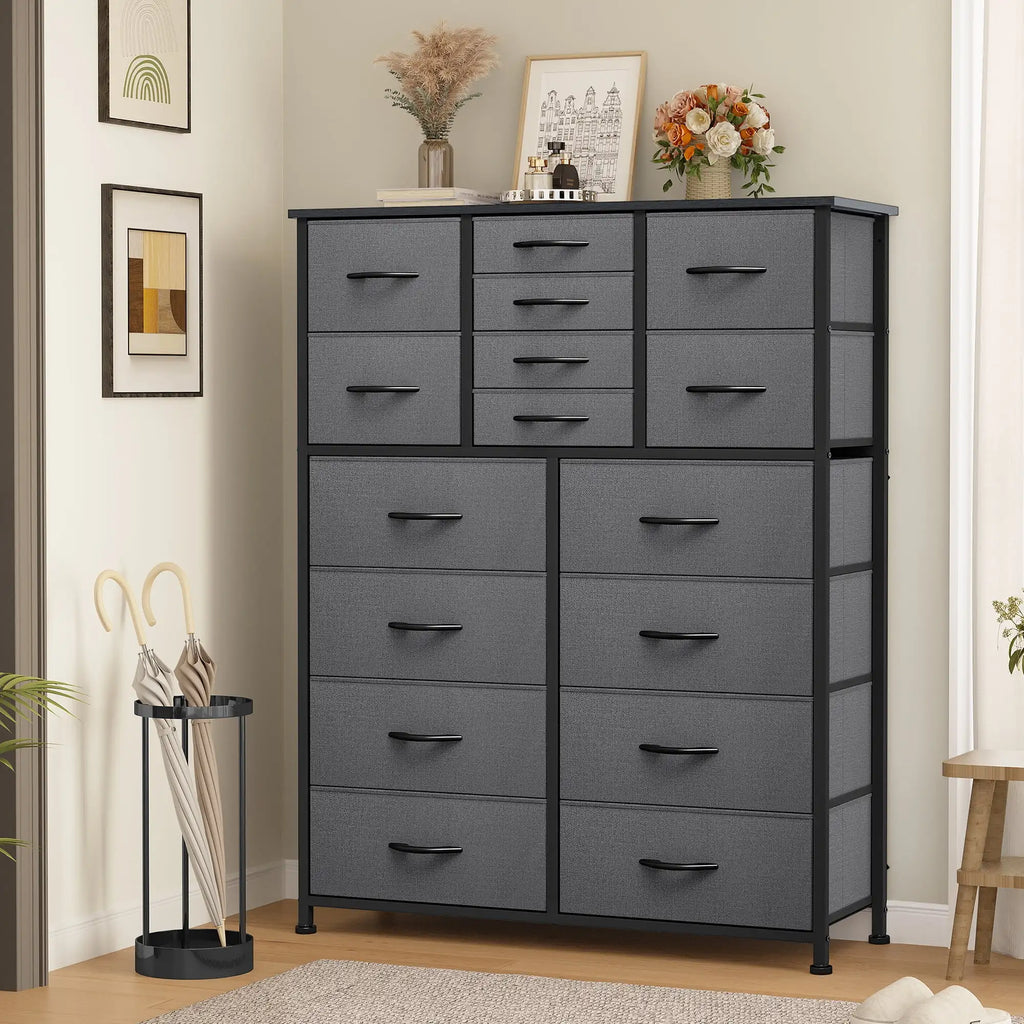 16-Drawer Fabric Dresser for Adults & Teens, Storage Chest for Bedroom & Closet – Black Gray