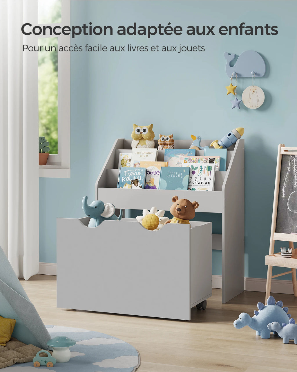 SONGMICS Kids Bookshelf and Toy Organiser, Toy Storage Chest and Bookcase with 3 Shelves, Storage Box with Wheels, Multipurpose