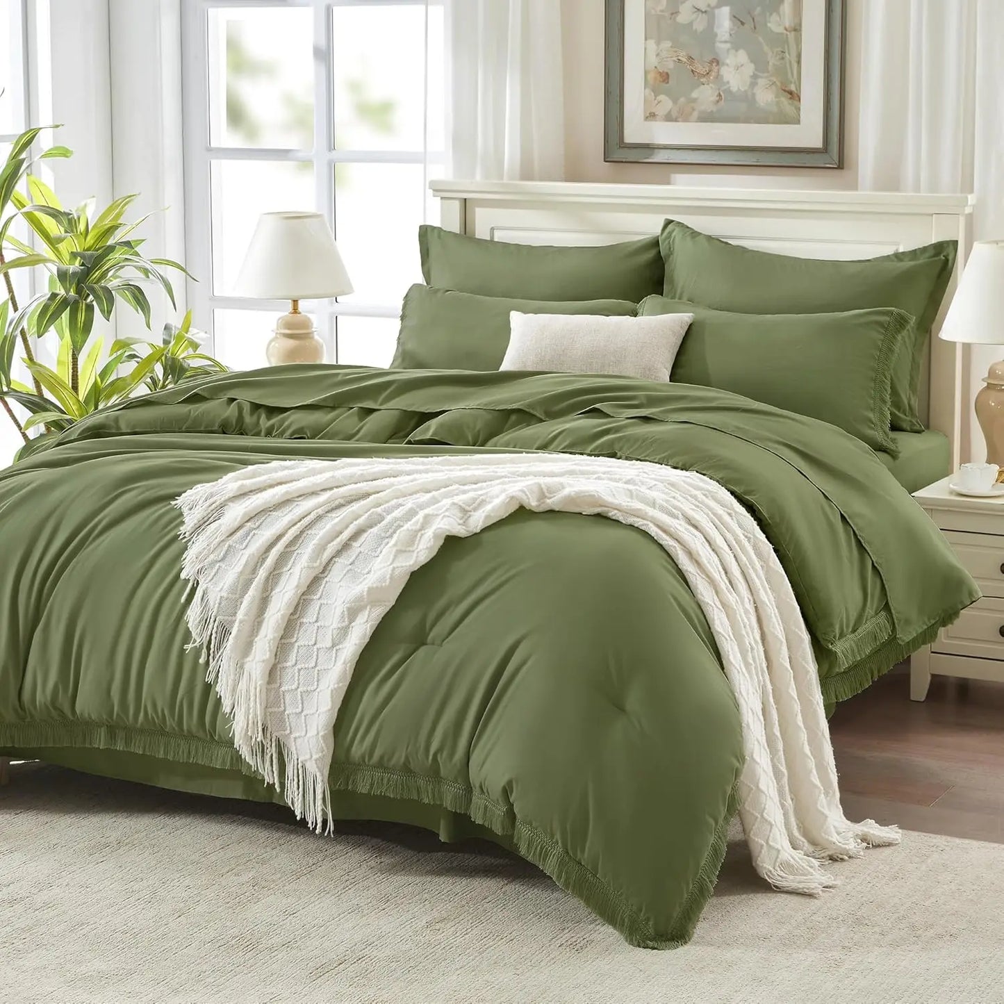 Comforter Set King Size, with Sheets 7 Pieces Boho Tassel Bed in a Bag Soft Lightweight Bedding Sets, All Season Fringe Bed Set